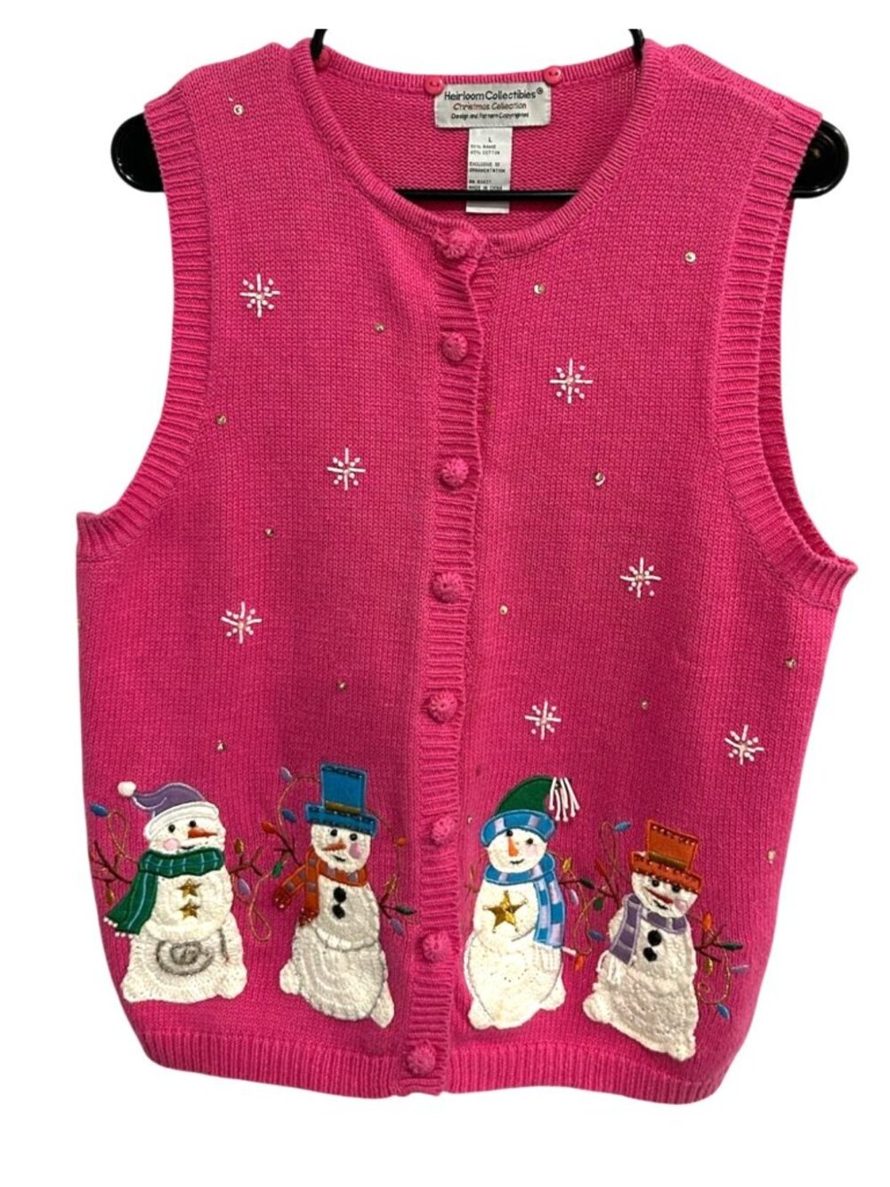 Heirloom Collectibles Large Pink Snowman Christmas Sweater Vest Kitschy Holiday